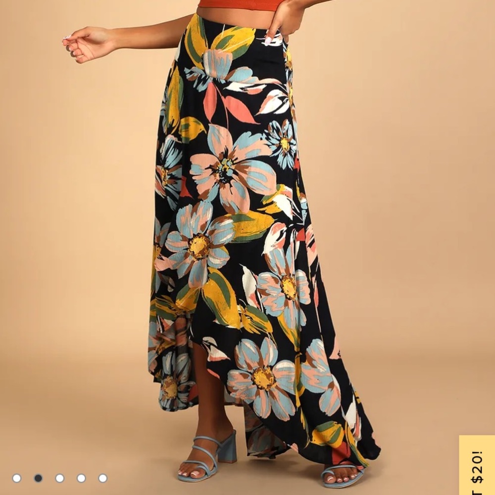 Ambrosio Navy Blue Floral Print High-Low Maxi Skirt